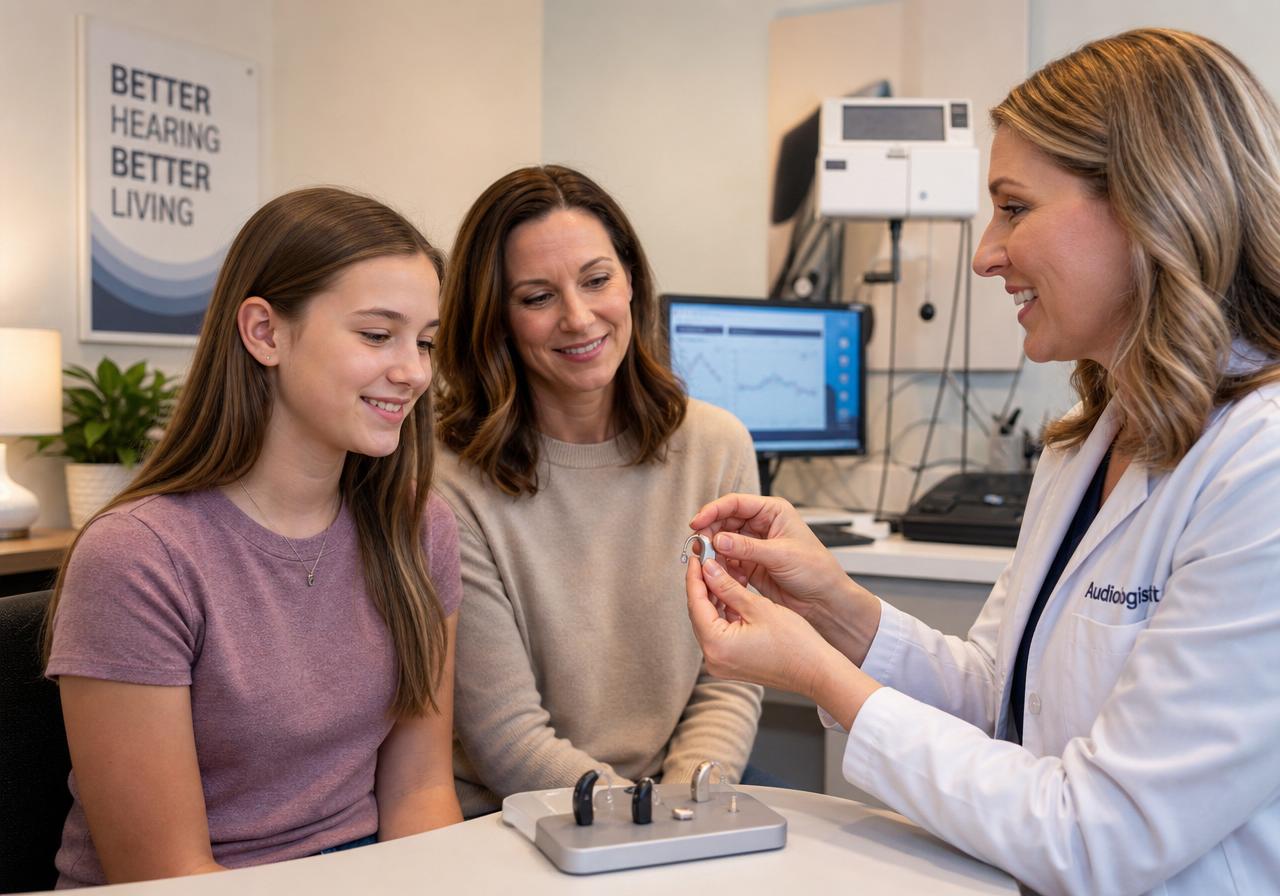 Audioprothésiste présentant un appareil auditif à un patient dans un centre auditif