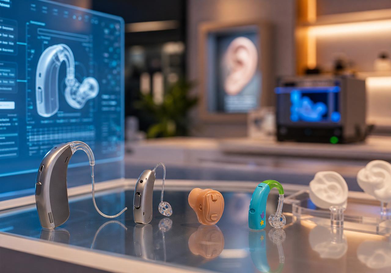 Appareils auditifs modernes présentés dans un univers sobre et innovant